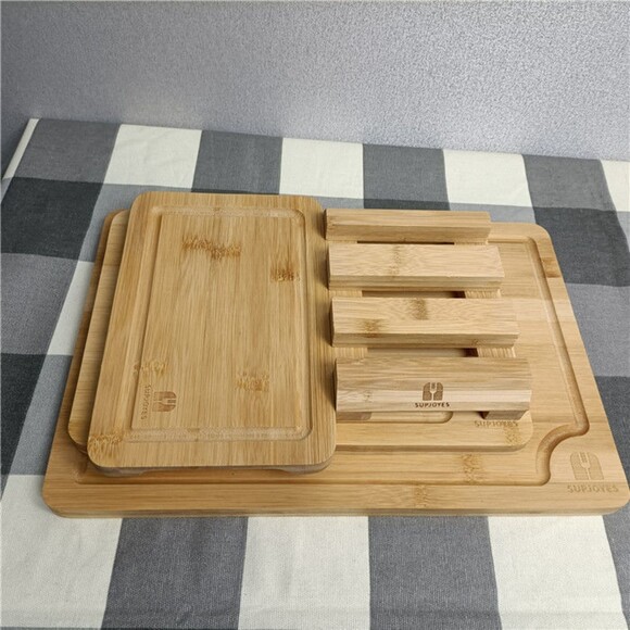 Set of 3 Bamboo Chopping Board Set with Draining Sink and Stand - Picture 2 of 6